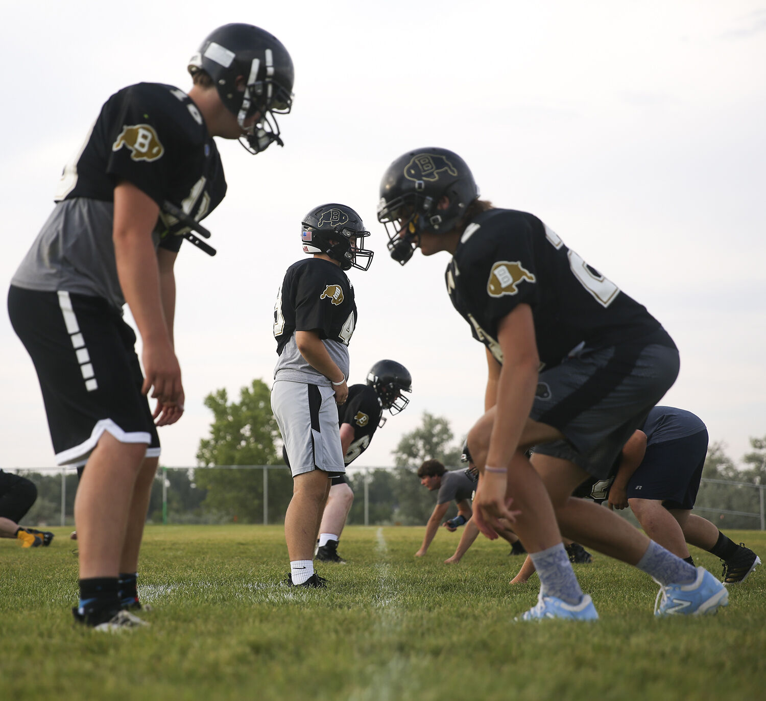 The linemen set up during a drill